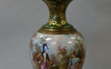 French Porcelain Lidded Urn, Hand-Painted, Signed
