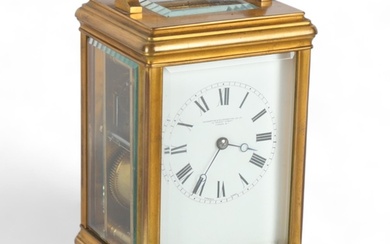 French gilt-brass cased 8-day carriage clock, enamel dial, r...