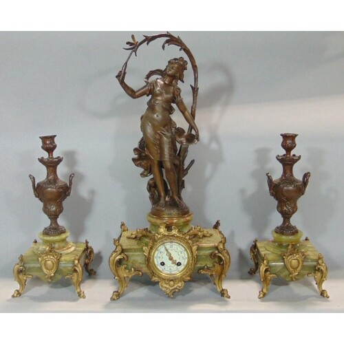 French spelter figural garniture mantel clock, the 3 inch tw...