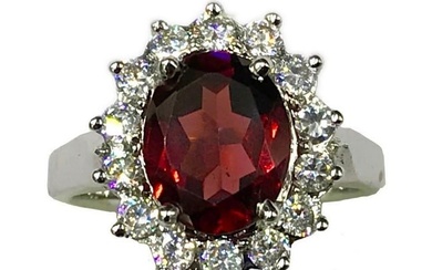 Garnet Gemstone Ring in a Halo Setting Surrounded by Austrian Crystals on a 925 Sterling Silver Band