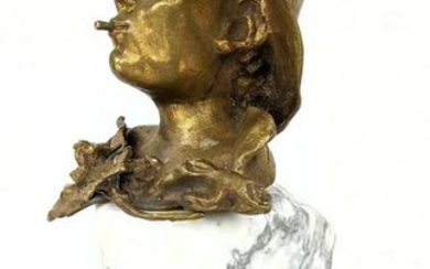 Gilt Metal Marble Figural Statue. Bust of man with hat