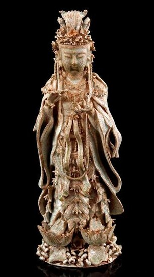 Glazed earthenware statue of a standing Quanyin, China