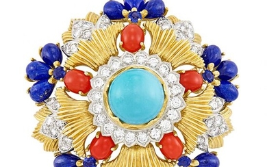 Gold, Platinum, Turquoise, Coral, Lapis, Diamond and Sapphire Clip-Brooch
