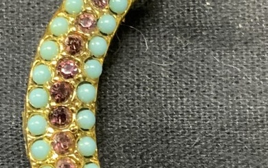 Gold Tn Turquoise Style Crystal Moon Brooch