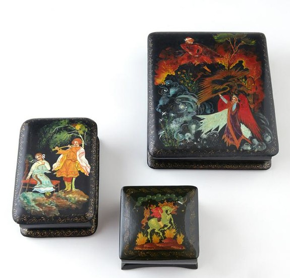 Group of Three Russian Black Lacquer Boxes, 20th c.