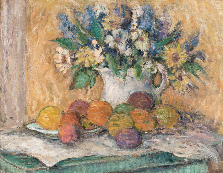 Gustav William von Schlegell (American, 1884-1950) Still Life of Flowers and Fruit unsigned, stamped with the artist's name and dates (on the stretcher) 14 x 17 7/8 in. (35.5 x 45.4 cm) (framed 21 x 24 7/8 in.)