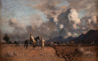 Gustave GUILLAUMET (1840-1887) Caïd à cheval inspectant les travaux de son champ. Huile sur toile...