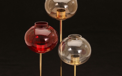 HANS AGNE JAKOBSSON. Candle lanterns, 3 pieces, brass with glass cups, Markaryd.