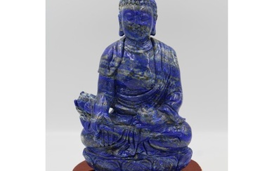 Hand-carved Chinese Buddha statue in lapis lazuli stone, com...