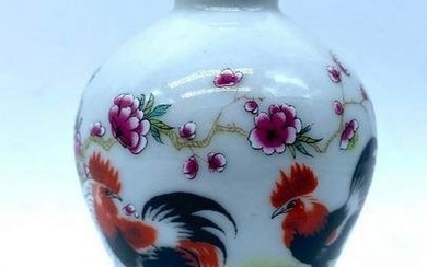 Handmade Asian Porcelain Rooster & Flower Tree Snuff Bottle With Stopper