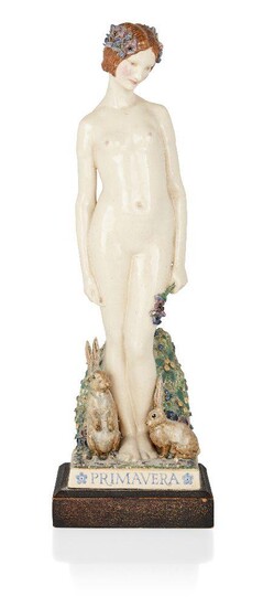Harry Parr (1882-1966), 'Primavera' model of a female nude with rabbits, 1926, Glazed earthenware, wooden base, Painted title, verso incised 'HY.PARR.CHELSEA.1926', 28cm high Footnote An example exhibited at Society of Staffordshire Artists, First...
