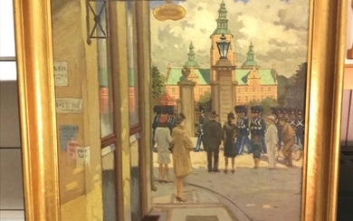 Heinrich Nielsen: The Royal Guard marching in front of Rosenborg Castle in Copenhagen. Signed Heinrich Nielsen. Oil on canvas. 60×70 cm.