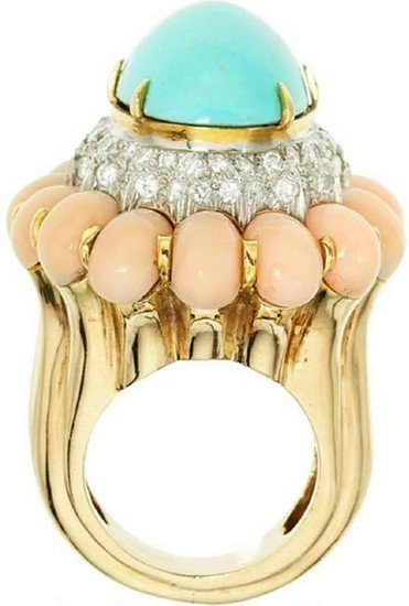 Henry Dunay Turquoise, Coral, Diamond, Gold Ring