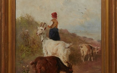 Henry Schouten (Belgium, 1859/1867-1927), "Goats in the Dunes," H.- 23 3/4 in., W.- 18 1/4 in.