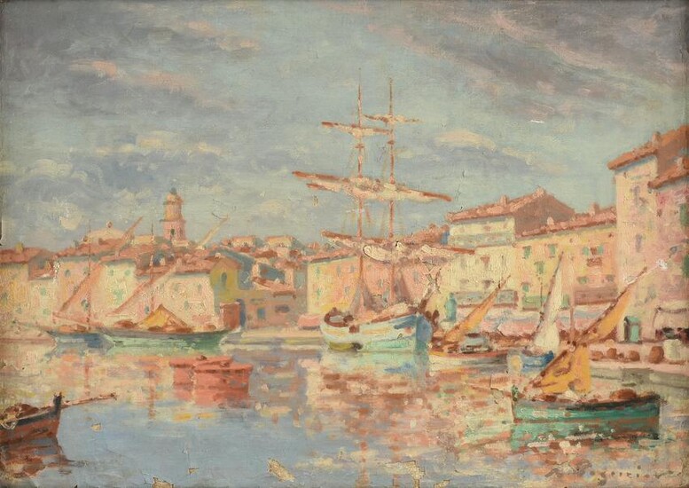 ITALIAN SCHOOL, A PAINTING, "Boats in Canal," LATE