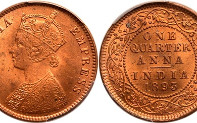 India: British India Victoria 1893 Copper 1/4 Anna PCGS MS64 RD