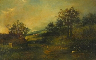 J Wallace - Farmer with sheep beside cottages, oil on