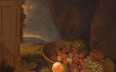 JACOB ROOTIUS(1644 Hoorn 1681/82)Nature morte de fruits devant un paysage. Huile sur toile. Monogrammé dans...