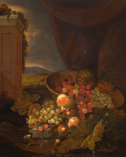JACOB ROOTIUS(1644 Hoorn 1681/82)Nature morte de fruits devant un paysage. Huile sur toile. Monogrammé dans...