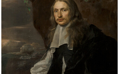Jan Mytens (1604-1670), Portrait of a gentleman standing before a cliff, three-quarter length (1666)