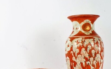 Japanese Satsuma vase, decorated with figures and flowers in iron red and gilt, 36cm tall, and a