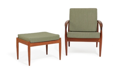 Kai Kristiansen: “Paper knife”. Teak easy chair with belonging stool. Loose cushions with green “Balder” wool. Manufactured by Magnus Olesen. (2).
