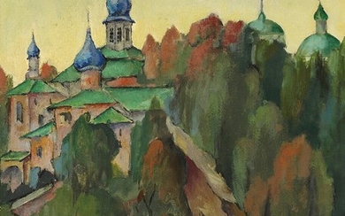 Konstantin Vikentievich Dydyshko: View from Pechory Monastary at Pskov. Signed and dated K. Dydyschko Petchory Closter 1928. Oil on cardboard. 45×59 cm.