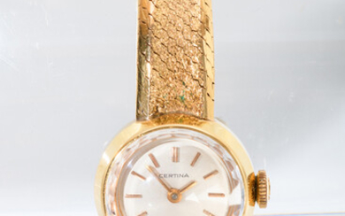 LADY'S CERTINA YELLOW GOLD WRISTWATCH. Circular case with silvered dial...