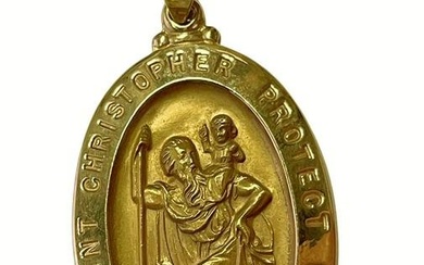 LARGE OVAL 18K GOLD SAINT CHRISTOPHER PROTECT US CHARM PENDANT Large High Relief Oval 18K Gold