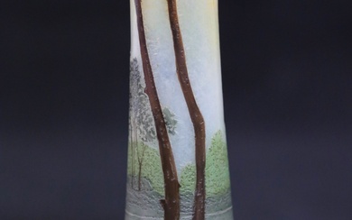 LEGRAS, vase soliflore à fond vert, décor d'arbres, ht : 13