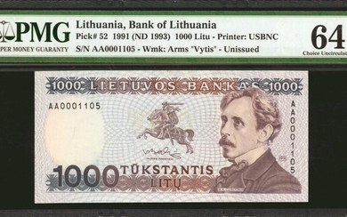 LITHUANIA. Lietuvos Bankas. 1000 Litu, 1991 (ND 1993). P-52. PMG Choice Uncirculated 64 EPQ.