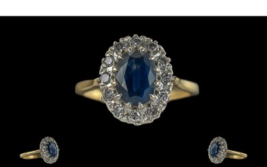 Ladies 18ct Gold Blue Sapphire and Diamond Set Cluster Ring,...