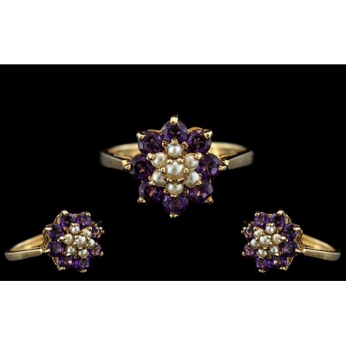 Ladies - Attractive 9ct Gold Amethyst and Seed Pearl Set Rin...