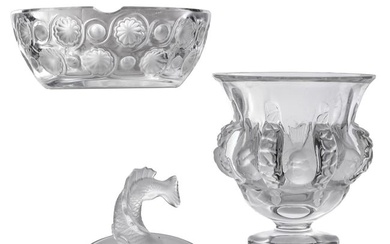 Lalique French Crystal Ashtray Dish & Vase 3pc LOT