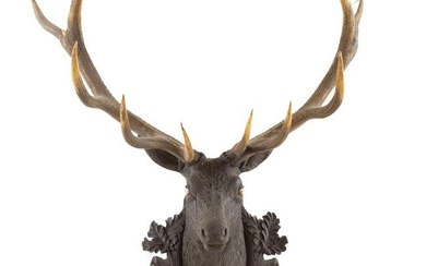 Large Black Forest Carved Stag Mount with Antlers
