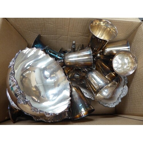 Large box of EPNS and plated ware goblets, bowls, dishes, tr...