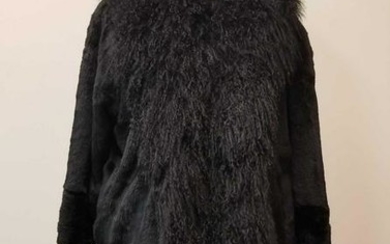 Long Black Rabbit Fur Coat with Dramatic Wool Collar