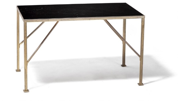 Lysberg, Hansen & Therp: Coffee table with profiled brass frame with oblique stretchers. Rectangular top with black glass.