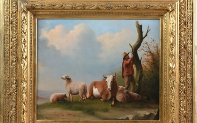 MAES Eugène. (1849-1931). « Le gardien du troupeau ». Huile sur toile dans un très...