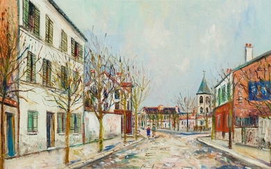 MAURICE UTRILLO(Paris 1883-1955 Dax)Grande Rue et Église à la Courneuve. 1938.Huile sur toile.Signé et daté...