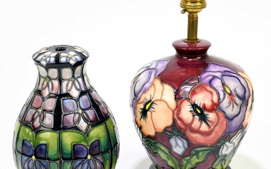 MOORCROFT; a baluster shaped table lamp in the 'Violet' pattern,...