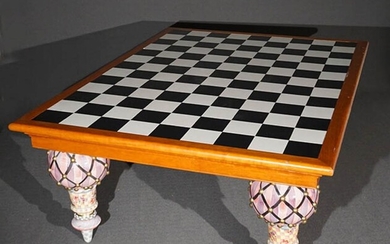 MacKenzie-Childs Black and White Painted and Decorated Wood Checkerboard Top and Art Pottery Leg Dining Table