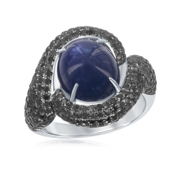 Majestic Siam Sapphire Cabochon and Black Diamond Ring