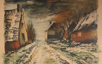 Maurice de VLAMINCK (1876-1958) Village sous la neige Lithographie signée en bas à droite, numérotée 3/100/ 47 x 55 cm. À vue (trou d'accrochage dans la marge du haut)