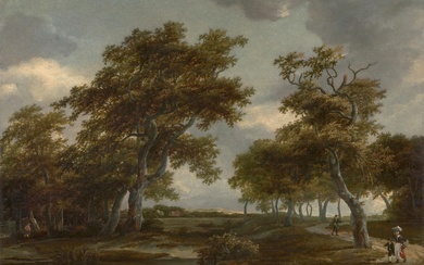 Meindert Hobbema - Wooded River Landscape with Figures on a Path