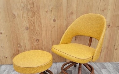 Mid Century Modern Saarinen Style Swivel Rattan Base Chair and Ottoman - 2 Piece Set