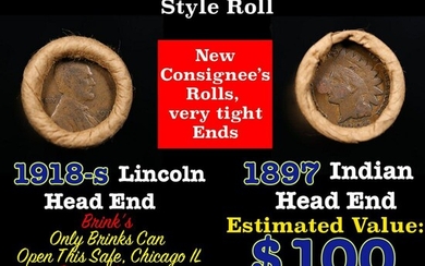Mixed small cents 1c orig shotgun roll, 1918-s Wheat Cent, 1897 Indian Cent other end, Brinks