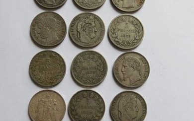 Monnaies - Collection de 18 x Écu de 5 Francs en argent, tous différents, dont Louis-Philippe, Céres, Louis-Napoleon Bonaparte, Napoléon III et Hercule) de TB à TTB (à voir)