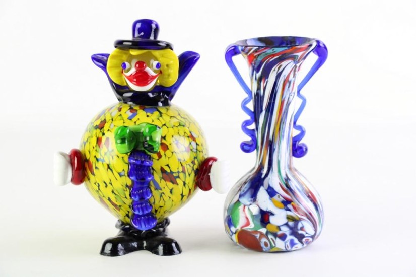 Murano glass clown (H18cm) together with a small vase (H15cm)