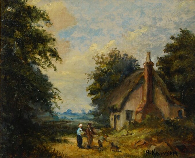 N. Newsom, British school, early 20th century- A cottage in the woods; oil on board, signed 'N. Newsom' (lower right), 21.7 x 26.8 cm